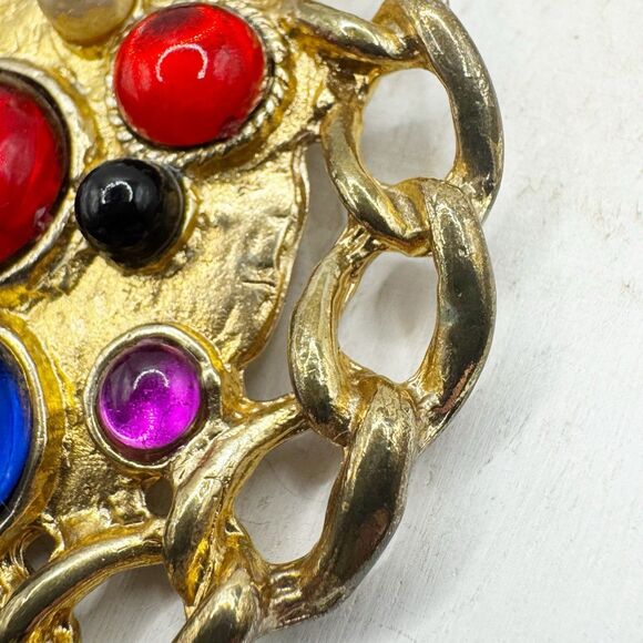 Colorful Cabochon Brooch Moghul Style Large Chain Edge Statement Pin - Picture 5 of 9